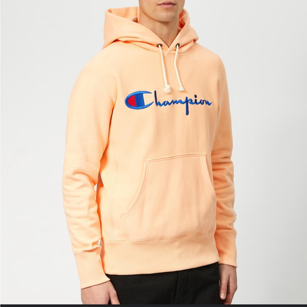 Champion Peach Hoodie with Blue Logo